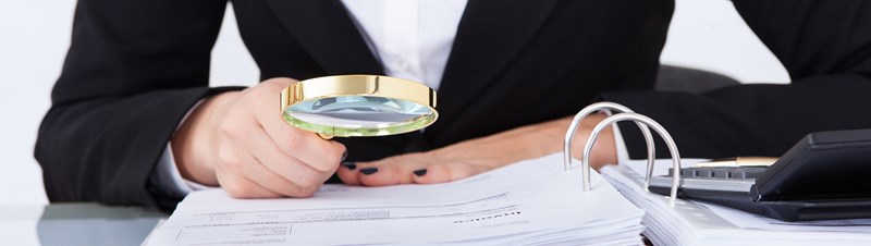 Person looking into a binder with a magnifying glass